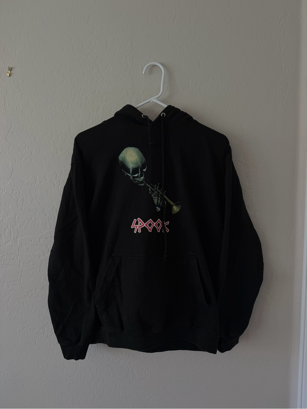 Y2K Black Graphic Hoodie Sweatshirt with Skeleton Trumpet